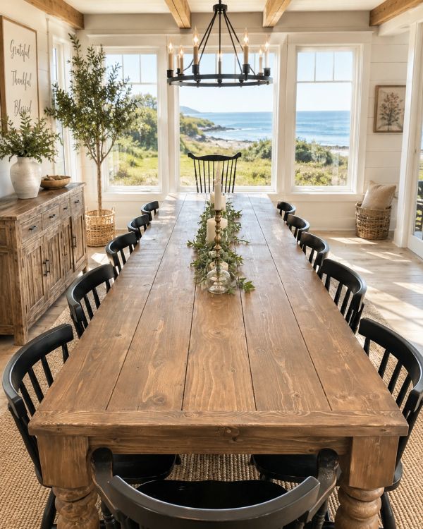 Rustic dining room with ocean view and wooden table.