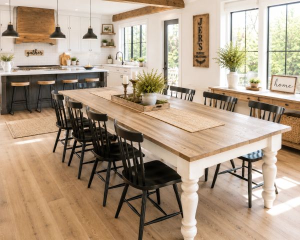 Bright farmhouse dining area with wooden table and black chairs.