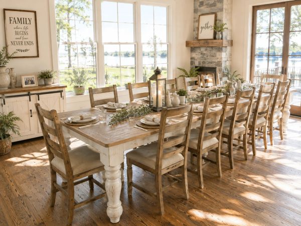Rustic dining room with a long wooden table and matching chairs.