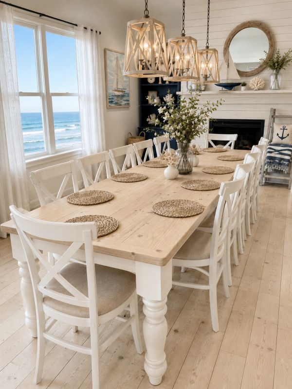 Coastal dining room with wooden table and ocean view.