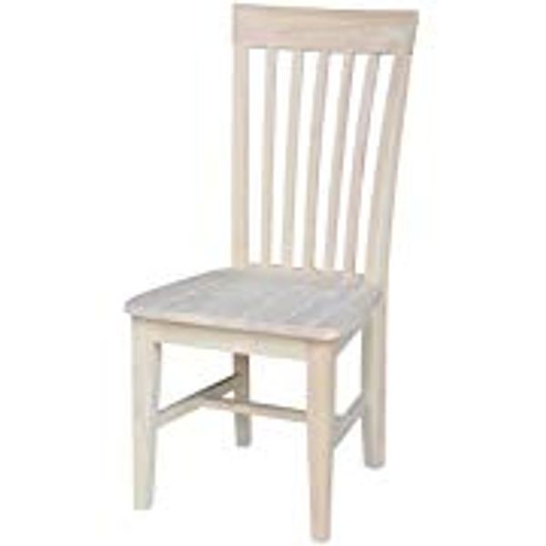 Tall Mission-style wooden dining chair with a vertical slat back and clean straight legs.