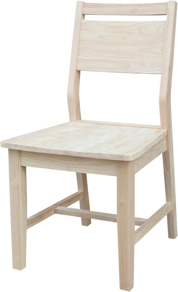 Aspen-style wooden dining chair with a wide panel back, gently curved back posts, solid wood seat, a