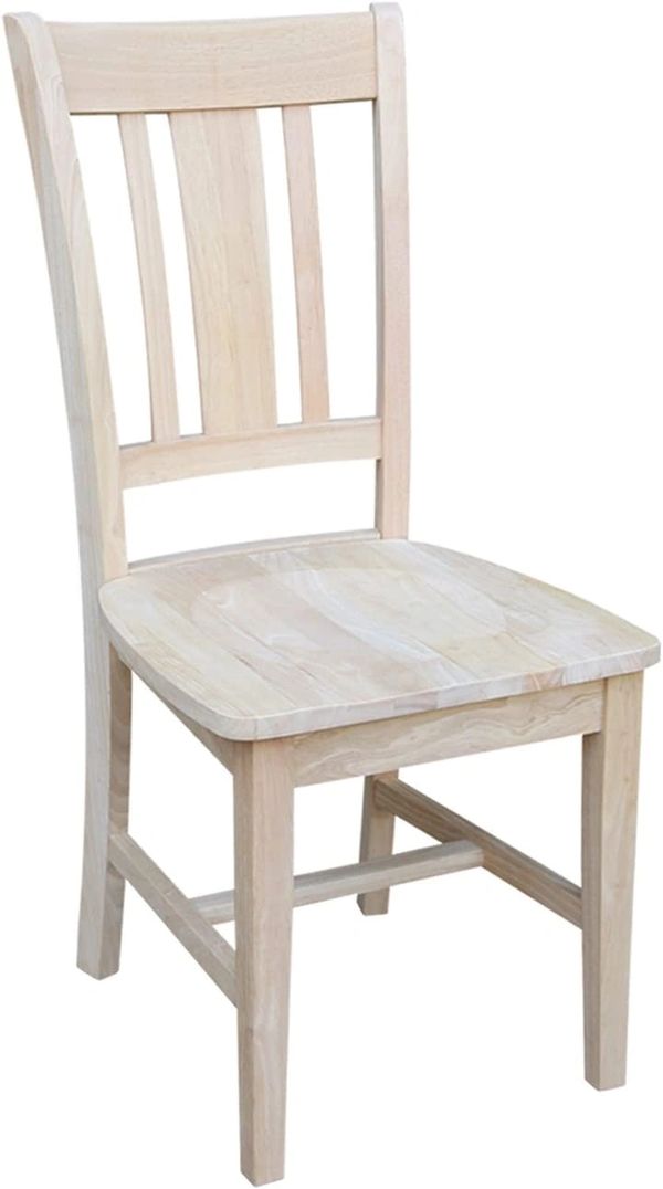 Wooden dining chair with a vertical slat back, solid wood seat, and straight legs.