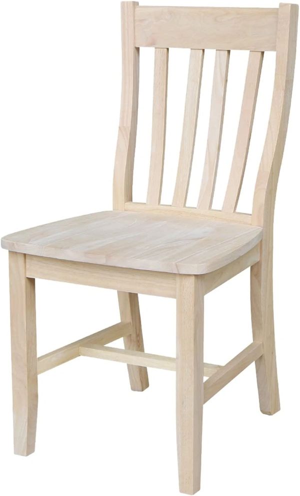 Café-style wooden dining chair with a gently curved vertical slat back, solid wood seat, and straigh