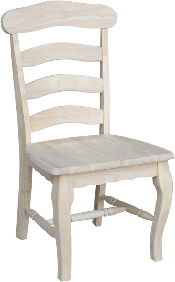 Country ladder back dining chair with curved front legs and a classic farmhouse-style wood design.