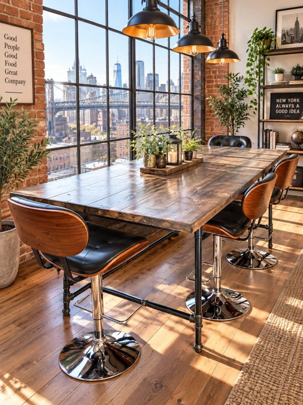 Modern dining area with city view and wooden interior.