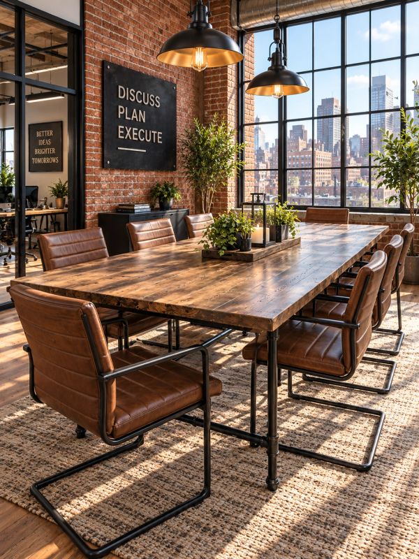 Modern office meeting room with leather chairs and wooden table.