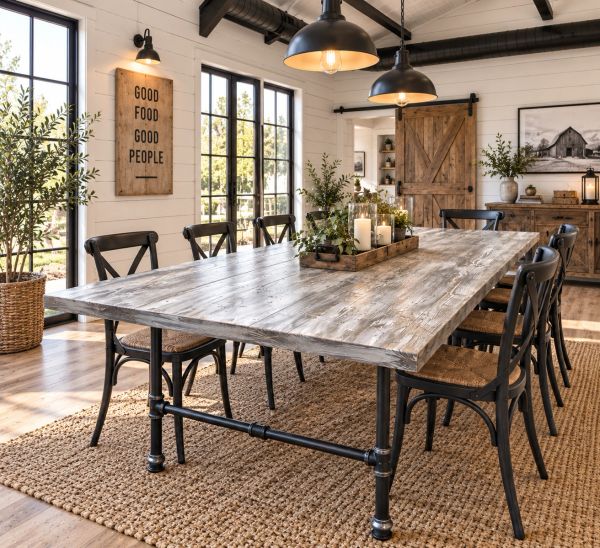 Rustic dining room with wooden table and black chairs.