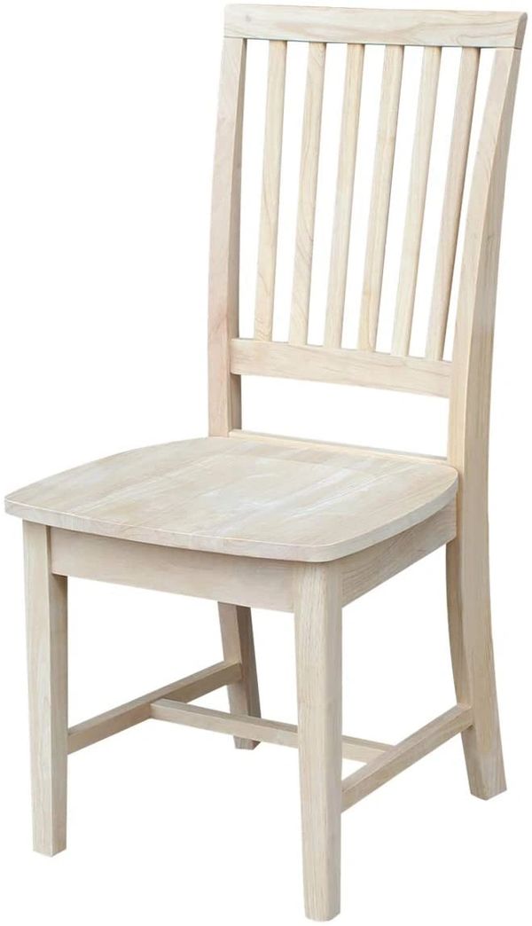 Mission-style wooden dining chair with a tall vertical slat back, solid wood seat, and straight legs