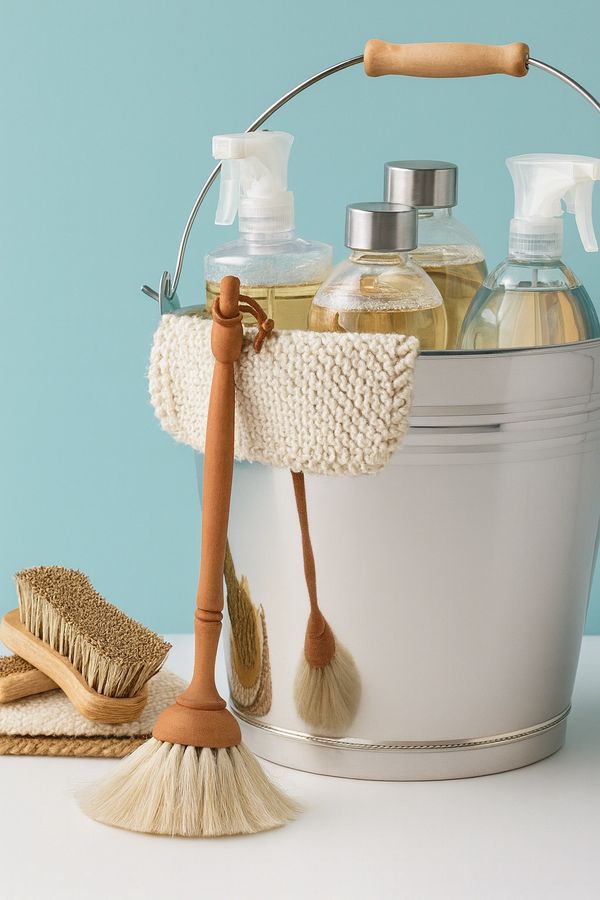 A metal bucket with cleaning supplies including brushes and spray bottles against a blue background.