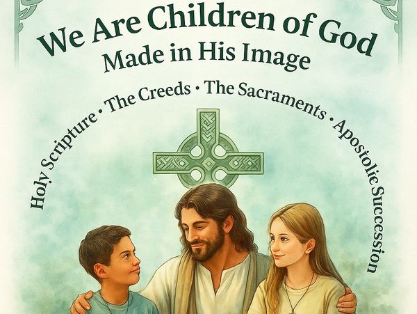 Religious illustration of Jesus with children and spiritual text.