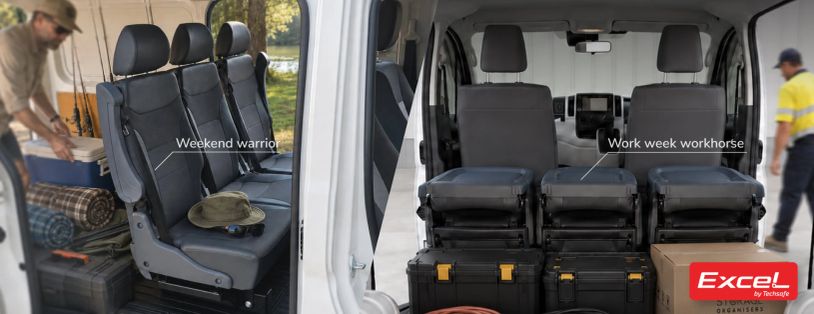 Van interior seats labeled Weekend warrior and Work week workhorse. Techsafe Excel Seating
