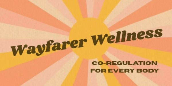 Wayfarer Wellness logo with a retro sunburst background.