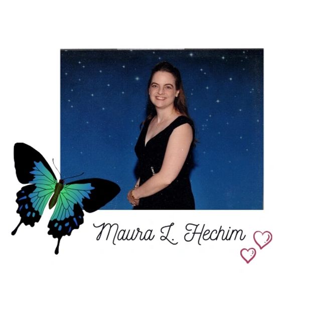 Picture of Maura L. Hechim with a blue butterfly and two pink hearts.