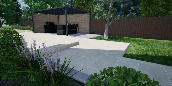 Modern outdoor patio with a shaded bar area and lush greenery.