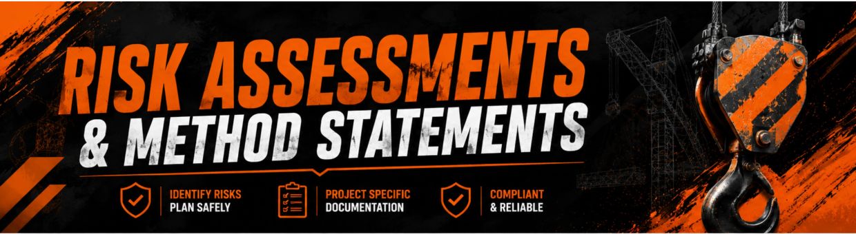 Bold banner highlighting risk assessments and method statements with safety icons and crane hook.