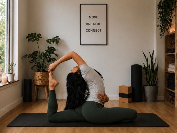 Woman practicing yoga in a serene room with plants and a motivational poster.