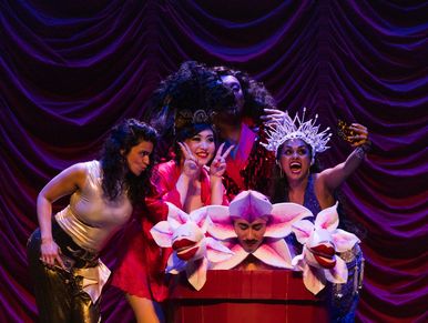 Colorful theatrical performance with lively characters.