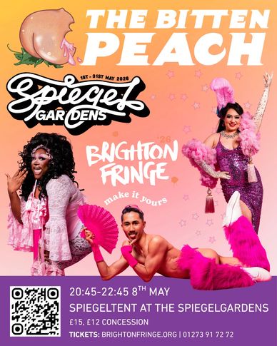 Bright pink themed event poster for The Bitten Peach at Brighton Fringe.