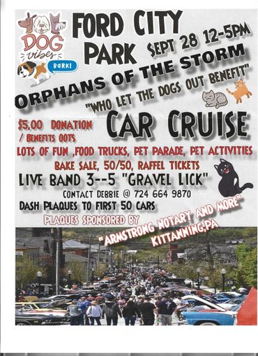 Ford City Park car cruise and dog event benefiting Orphans of the Storm, Sept 28, 12-5pm.