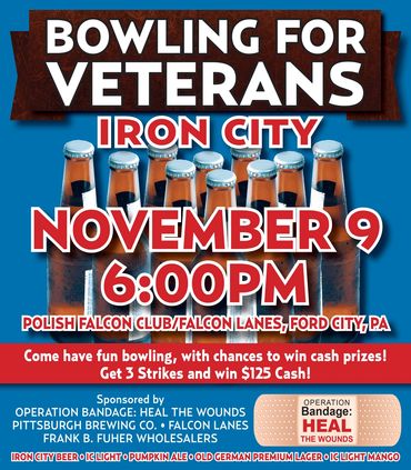 Bowling for Veterans event in Iron City on November 9 at 6 PM with cash prizes.