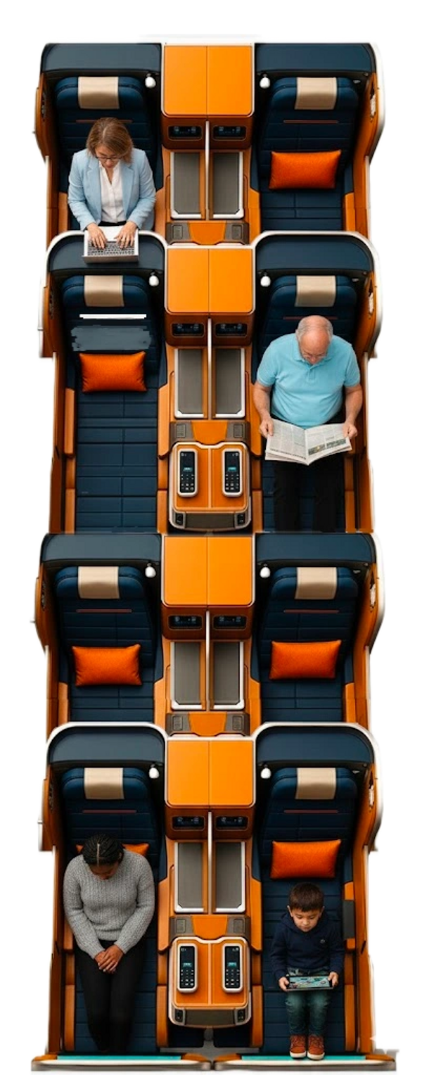 Top view of four people seated in luxurious airplane seats with orange and navy-blue colors.