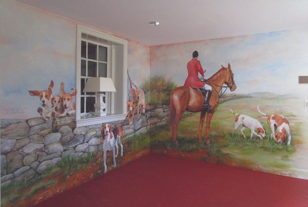 MFHA mural; landscape by Pat Taylor Holz, reference photo for leaping hounds by Helen Houghton, desi