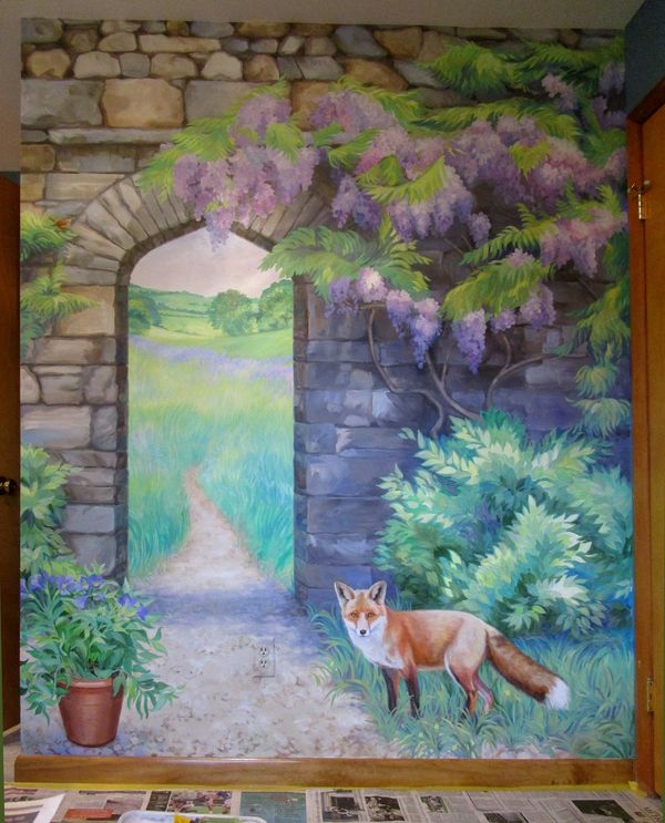 Kitchen mural, stone wall and fox