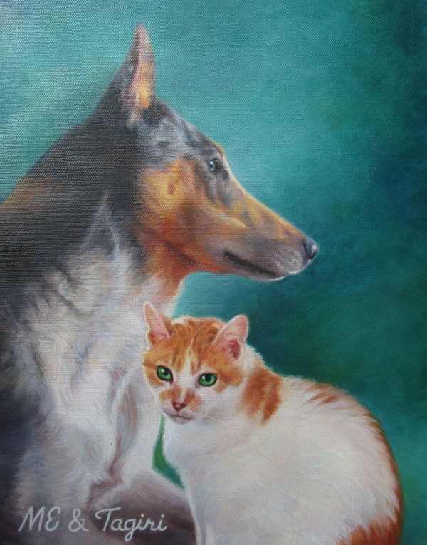 Animal portrait, dog and cat oils on canvas