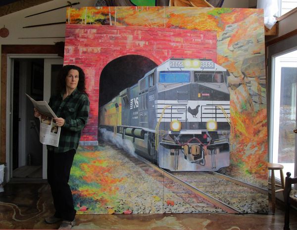 Freight train mural on 8x8 ft panel for installation in Shepherdstown, WV.
