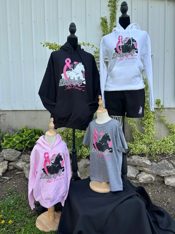 Four mannequins display hoodies and t-shirts with a horse and pink ribbon design.