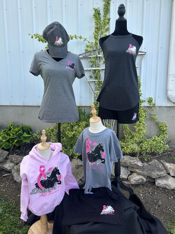 Assorted clothing featuring a horse and pink ribbon design for breast cancer awareness.