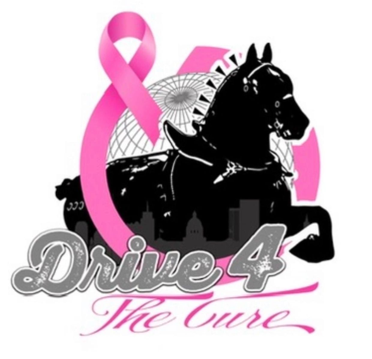 Logo with a pink ribbon, horse silhouette, and text 'Drive 4 The Cure'.