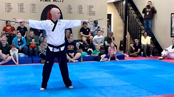 saijutsu instructor performing a powerful strike at douglas martial arts in moose jaw
