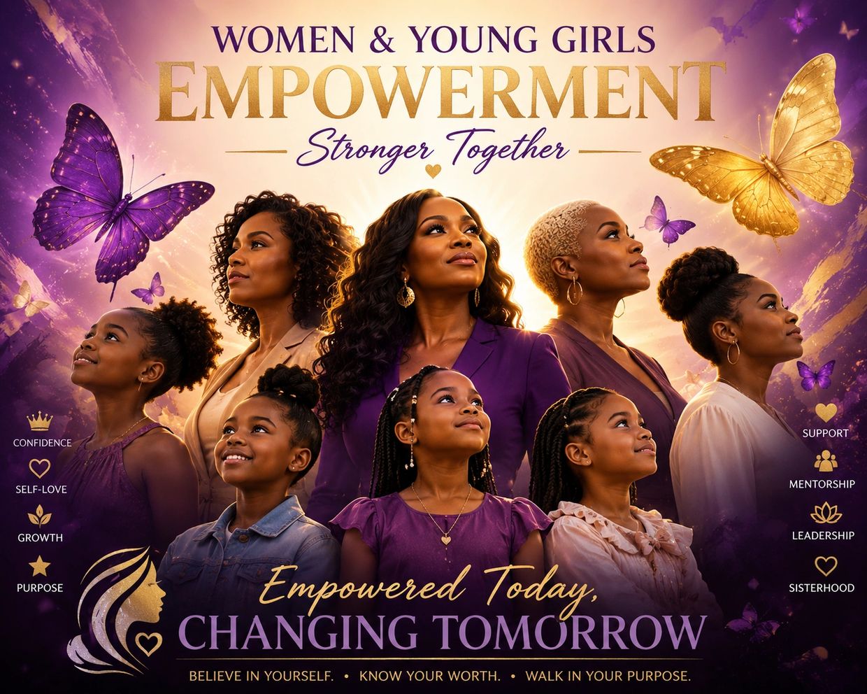 Women and young girls empowerment with butterflies and inspiring words.