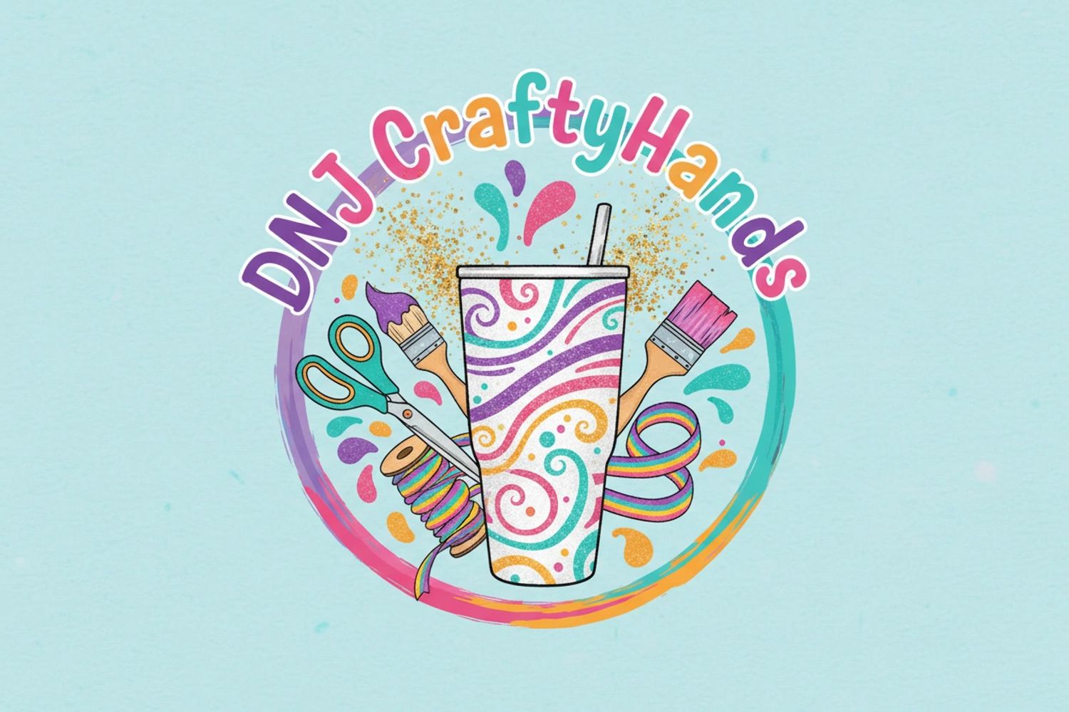 Colorful logo featuring crafting tools and a decorated cup with 'DNJCraftyHands' text.
