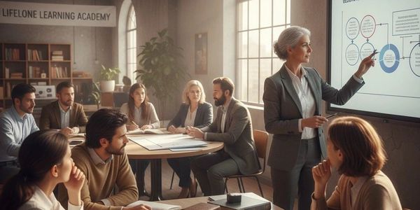 A professional woman presenting to a group in a learning academy setting.