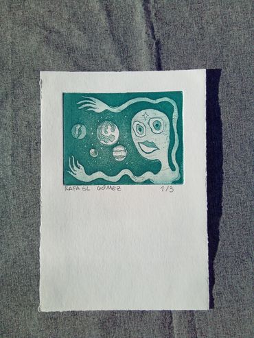 Alien creating a solar system etching on paper