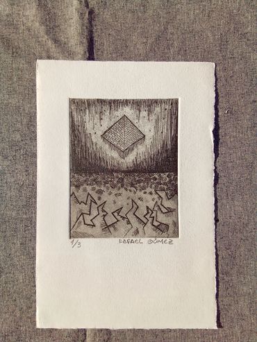 Drypoint on paper. A pyramid lifting from a rocky ground