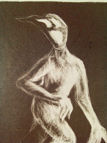 Monochrome drawing of a faceless figure in a hooded cloak.