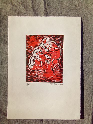 Abstract red and black ink artwork on paper by Rafael Gómez.