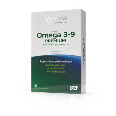 Vyvora Omega 3-9 Premium plant-based supplement supporting heart and brain health.
