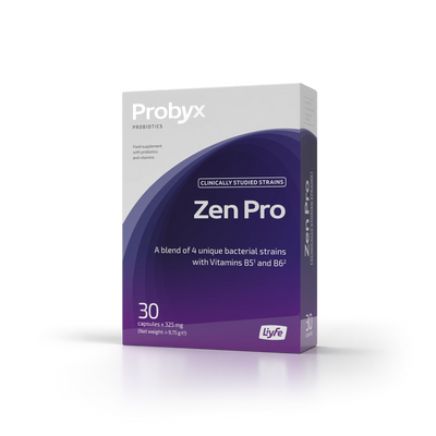 Probyx Zen Pro probiotic capsules with 4 bacterial strains and vitamins B5 and B6.