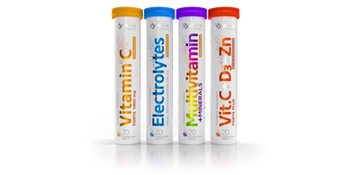 Four tubes of Vyvora effervescent tablets including Vitamin C, Electrolytes, Multivitamin, and Vit C+D3+Zn.
