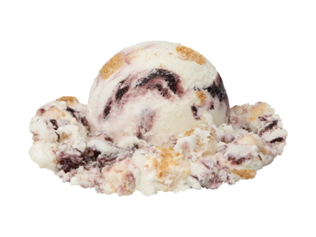 Cheesecake ice cream swirled with blueberry sauce and authentic cheesecake pieces.