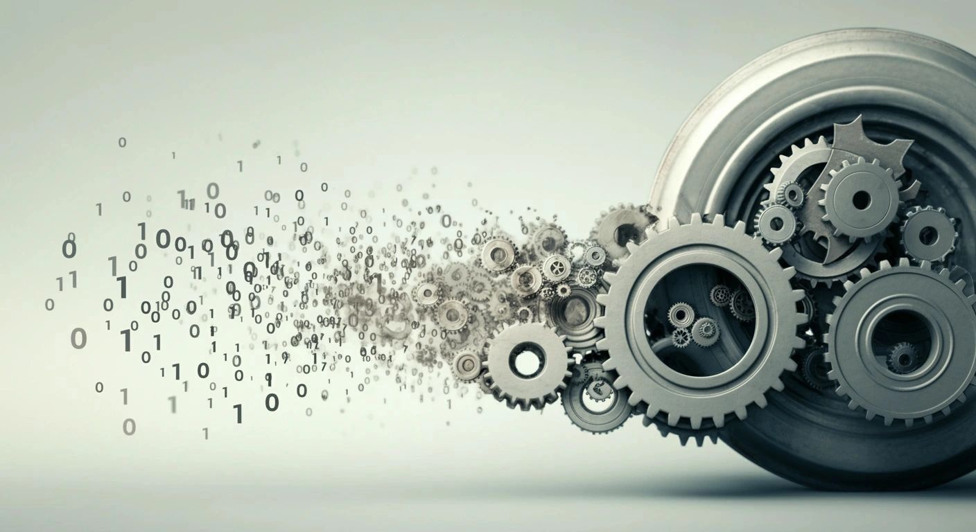 Gears and data visualization representing technology and machine learning insights.