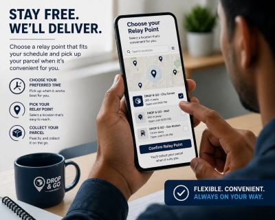 Person selecting a relay point on a delivery app for parcel pickup.