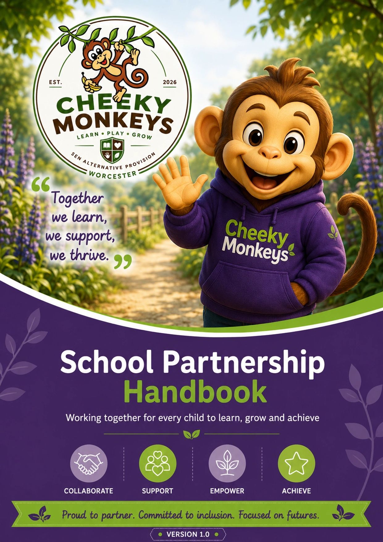 Cheeky Monkeys School Partnership Handbook promoting learning and support.