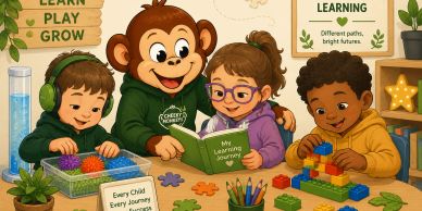 Children and a friendly monkey learning and playing together.