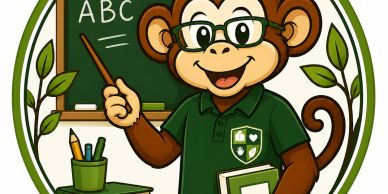 Cartoon monkey teacher at chalkboard.